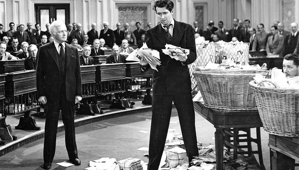 Claude Rains and Jimmy Stewart in a promotional still from the 1939 film, "Mr. Smith Goes to Washington." (Public domain)