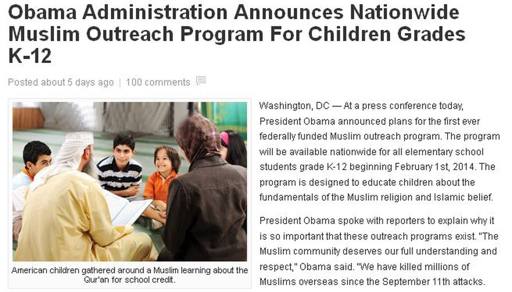 This is one of many conservative blogs that posted a story that said President Barack Obama had announced a “nationwide Muslim outreach program."