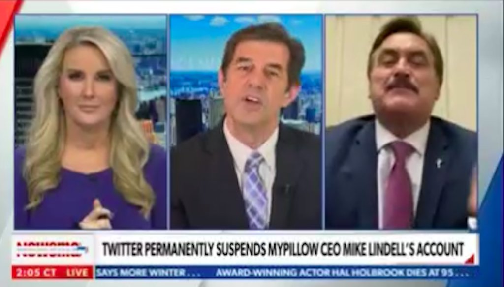 A screenshot of Newsmax TV's "American Agenda" featuring hosts Bob Sellers and Heather Childers and guest Mike Lindell, the CEO of MyPillow, during a Feb. 2 interview segment.