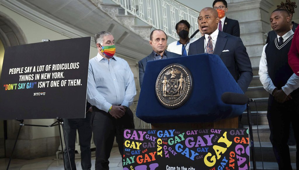 New York City Mayor Eric Adams announces a digital billboard campaign, supporting LGBTQ visibility across Florida, during a news conference in New York on April 4. (AP)
