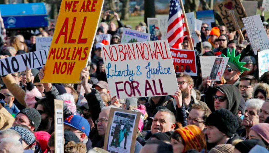 Protesters and immigrants rights advocates gathered at Castle Clinton National Monument, the physical departure and arrival point for tours of the Statue of Liberty in New York City. (AP)