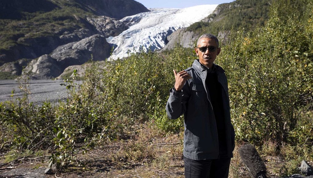 President Barack Obama speaks to reporters during a hike at Exit Glacier in Alaska, Sept. 1, 2015. (The New York Times)