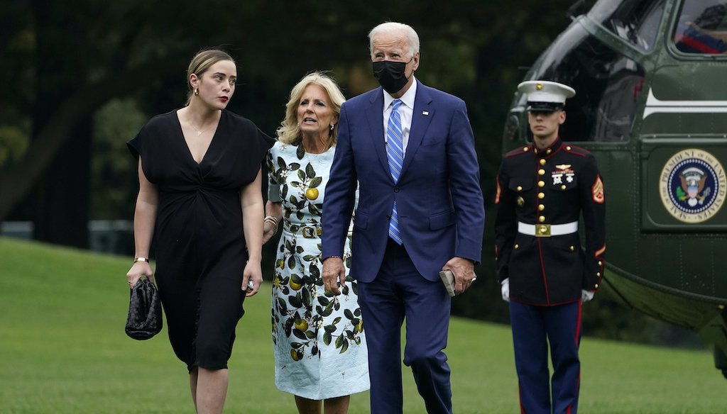 President Joe Biden, first lady Jill Biden, and granddaughter Naomi Biden, walk across the South Lawn of the White House in Washington, Monday, Oct. 11, 2021, after returning on Marine One from a weekend in Wilmington, Delaware. (AP)