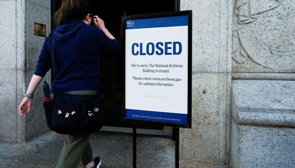 A closed sign stands in front of the National Archives on the first day of a government shutdown, Wednesday, Oct. 1, 2025, in Washington. (AP)