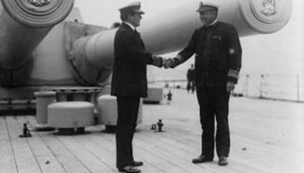 British Adm. David Beatty and U.S. Adm. Hugh Rodman shaking hands aboard the flagship Queen Elizabeth. The two joined forces in World War I under British control.