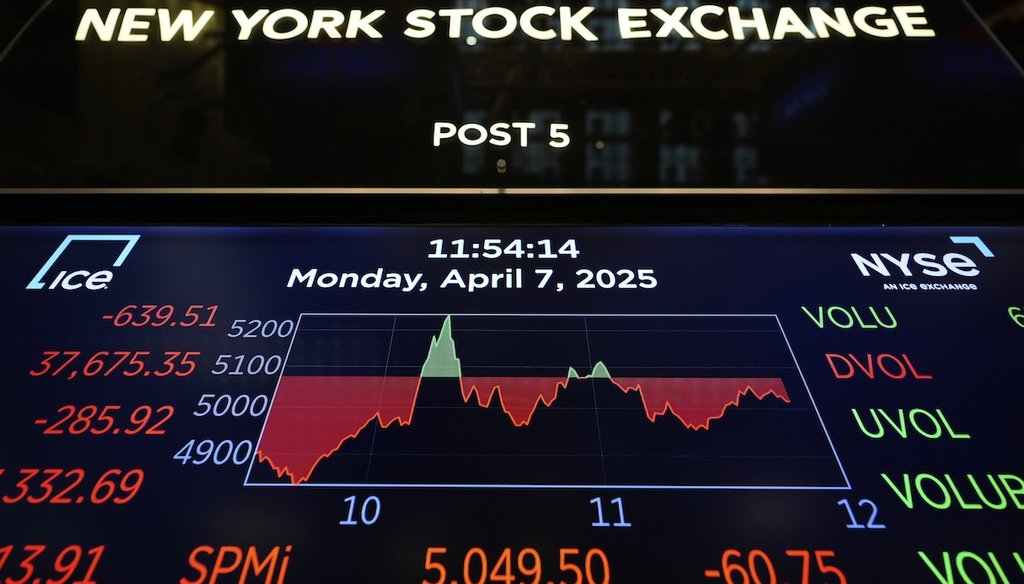 An electronic display shows financial information on the floor at the New York Stock Exchange in New York, April 7, 2025. (AP)