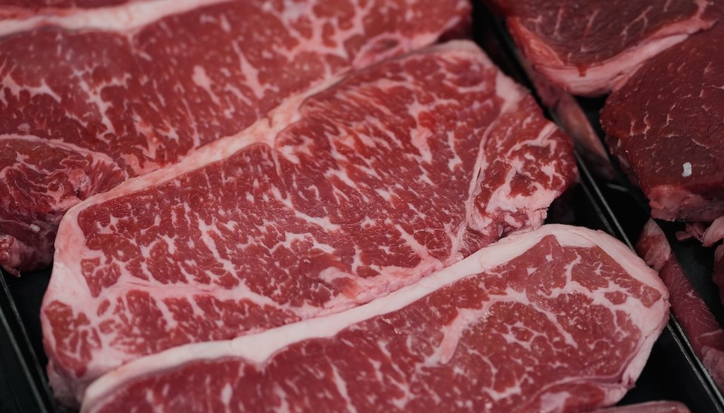 New York strip steaks are on display at a Sam's Club, Sept. 24, 2025, in Bentonville, Ark. (AP)