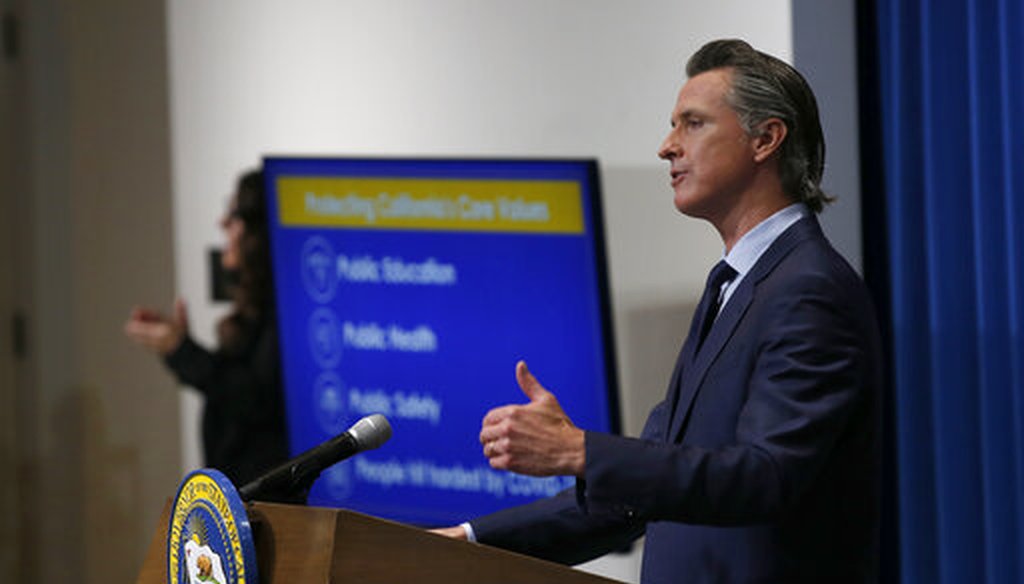 California Gov. Gavin Newsom discusses his revised 2020-2021 state budget during a news conference in Sacramento, Calif., Thursday, May 14, 2020. (AP)