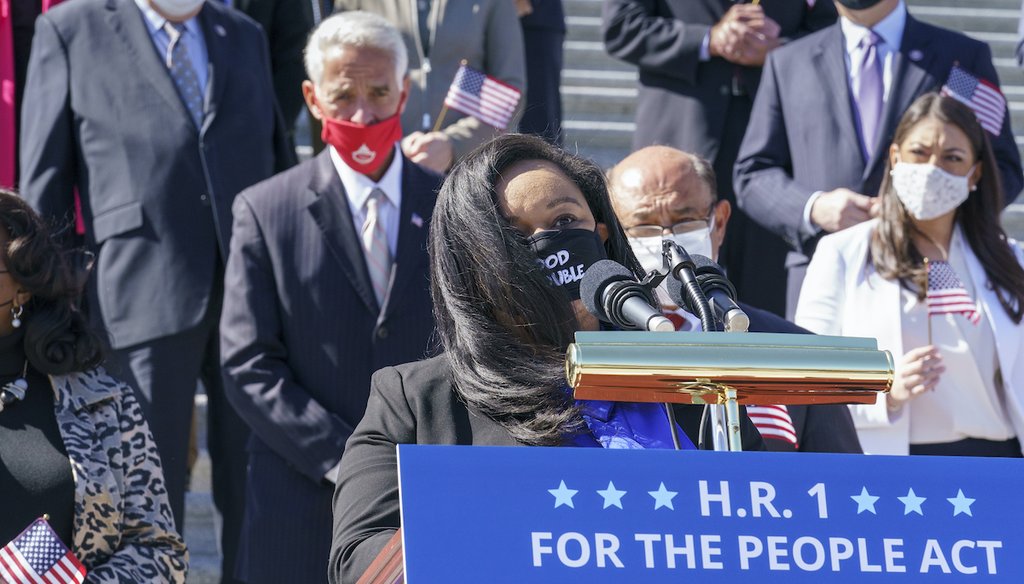 Rep. Nikema Williams, D-Ga, recalls the legacy of Rep. John Lewis as Democrats gather to address reporters on H.R. 1, the For the People Act of 2021, at the Capitol in Washington, Wednesday, March 3, 2021. (AP)
