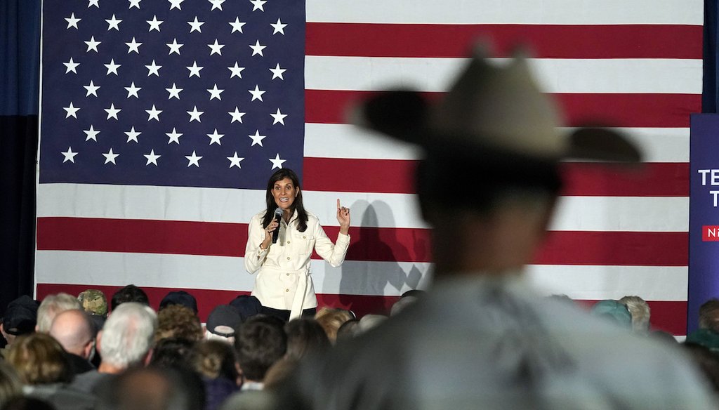Republican presidential candidate former UN Ambassador Nikki Haley speaks at a campaign rally Wednesday, Jan. 17, 2024, in Rochester, New Hampshire. (AP)