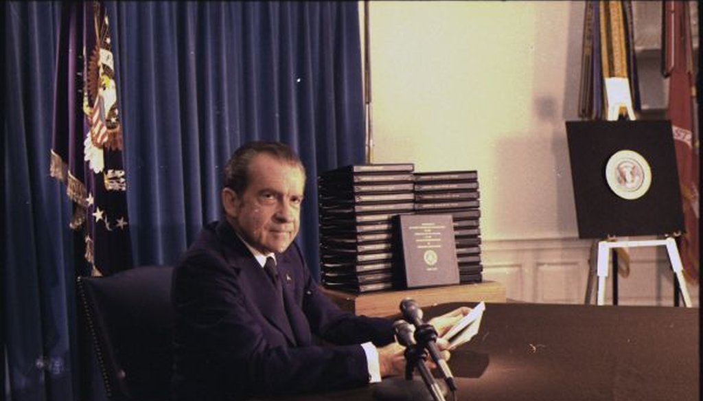 President Richard Nixon holds a press conference to release edited transcripts of secretly recorded White House conversations, April 29, 1974.