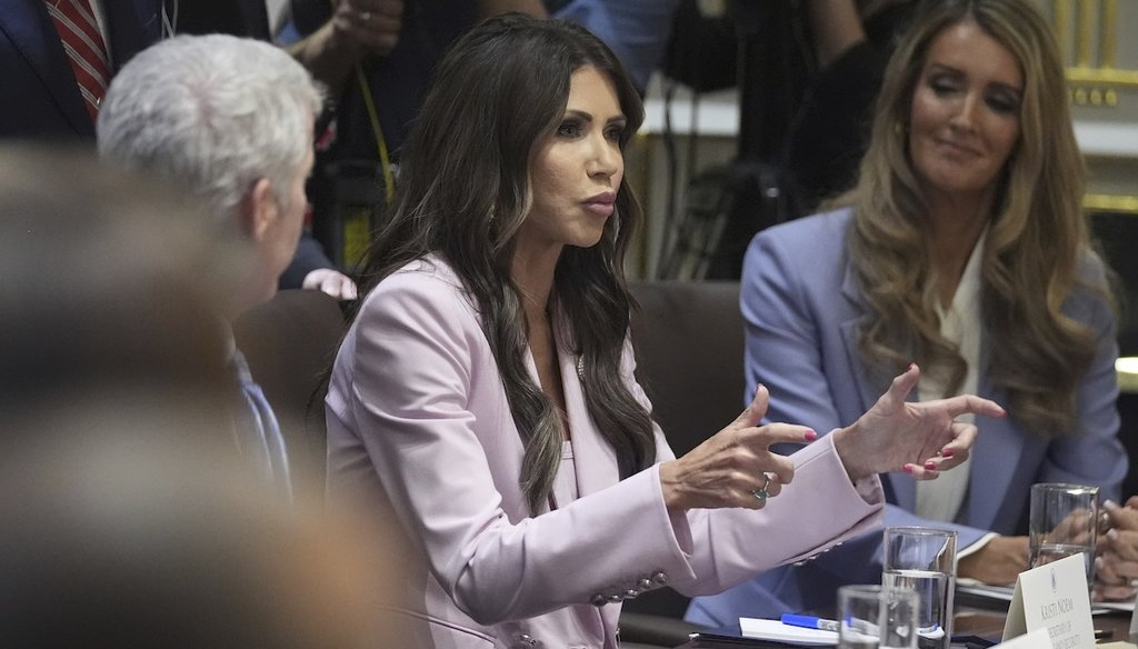 Secretary of Homeland Security Kristi Noem, speaks during a cabinet meeting with President Donald Trump, at the White House in Washington, Aug. 26, 2025. (AP)