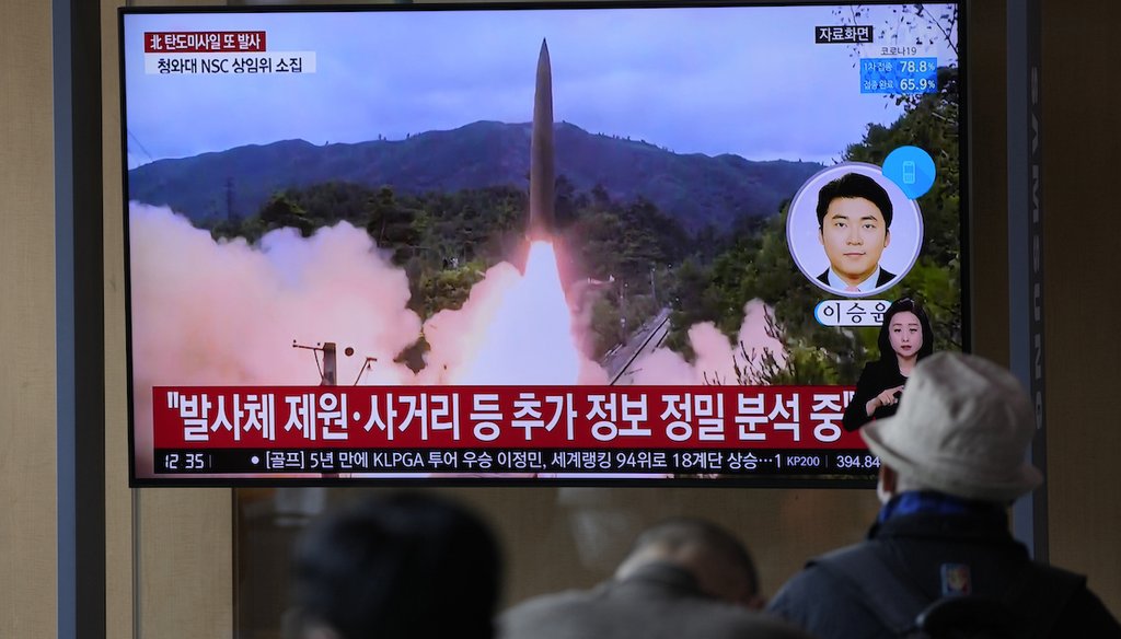 People in Seoul, South Korea, watch a TV screen showing a news program on North Korea's missile launch Oct. 19, 2021. (AP)