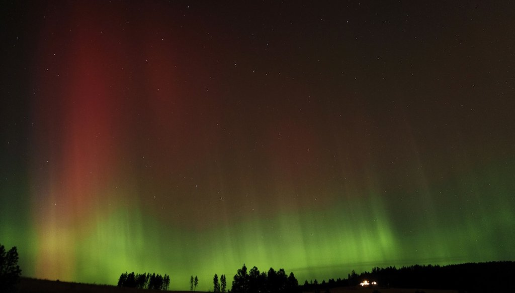 An aurora borealis, also known as the northern lights, is seen in the night sky along with the Big Dipper constellation on Oct. 10, 2024, in Moscow, Idaho. (AP)