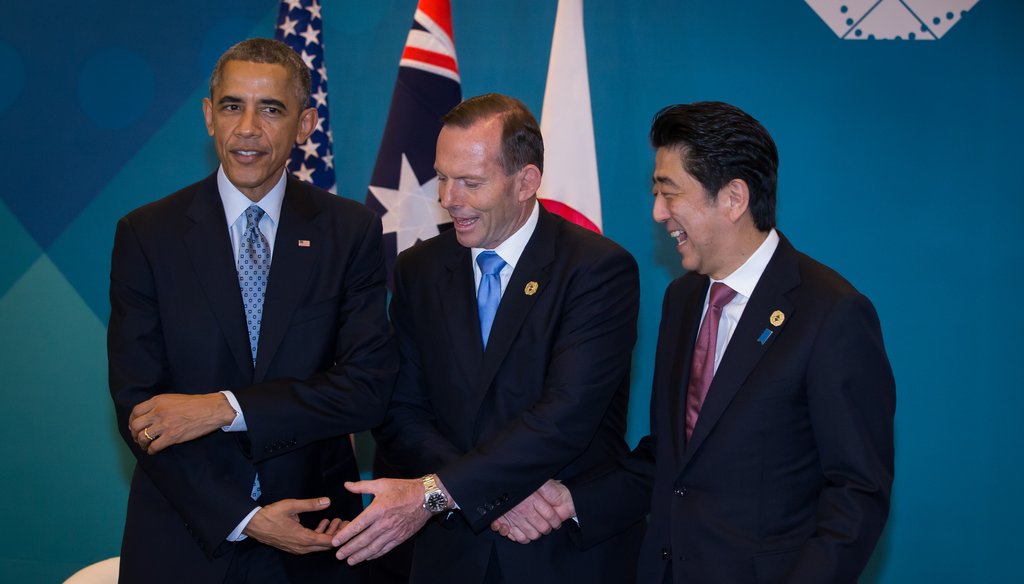 President Barack Obama, Australian Prime Minister Tony Abbott and Japan Prime Minister Shinzo Abe meet during a trilateral meeting at the G20 Summit on Nov. 16, 2014, in Brisbane, Australia.