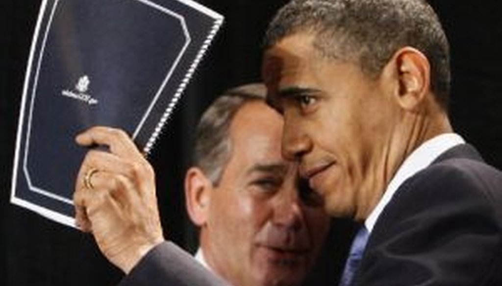 President Barack Obama and future House Speaker John Boehner cross paths in 2010. Both earned False ratings today from the Truth-O-Meter.