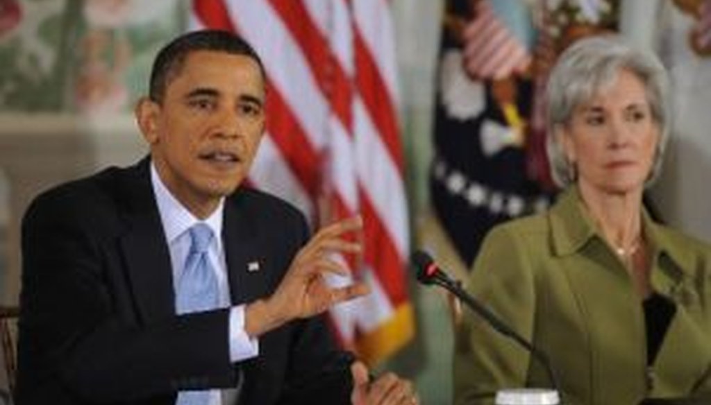President Barack Obama speaks and Health Secretary Kathleen Sebelius looks on at Thursday's bipartisan health care summit.