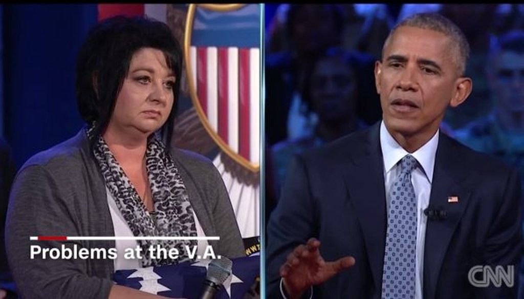 Army widow Donna Coates pressed President Barack Obama on improving the Department of Veterans Affairs at a CNN town hall on Sept. 28, 2016.