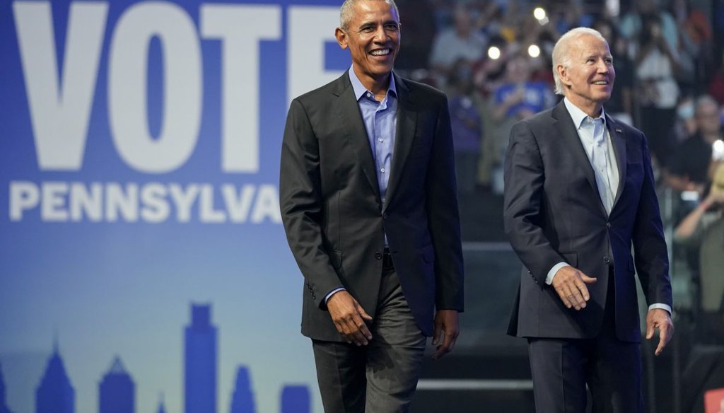 President Joe Biden and former President Barack Obama at a campaign rally on Nov. 5, 2022, in Philadelphia. (AP)