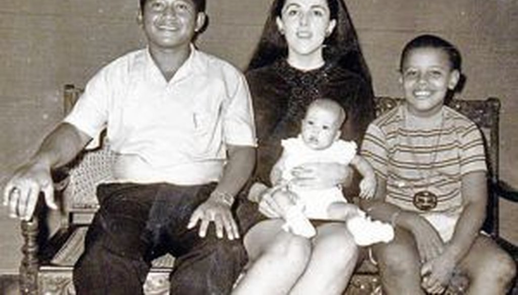 Barack Obama at age 9, shown with his mother Ann Dunham, his Indonesian stepfather Lolo Soetoro, and his less than 1-year-old sister Maya Soetoro in Jakarta, Indonesia.
