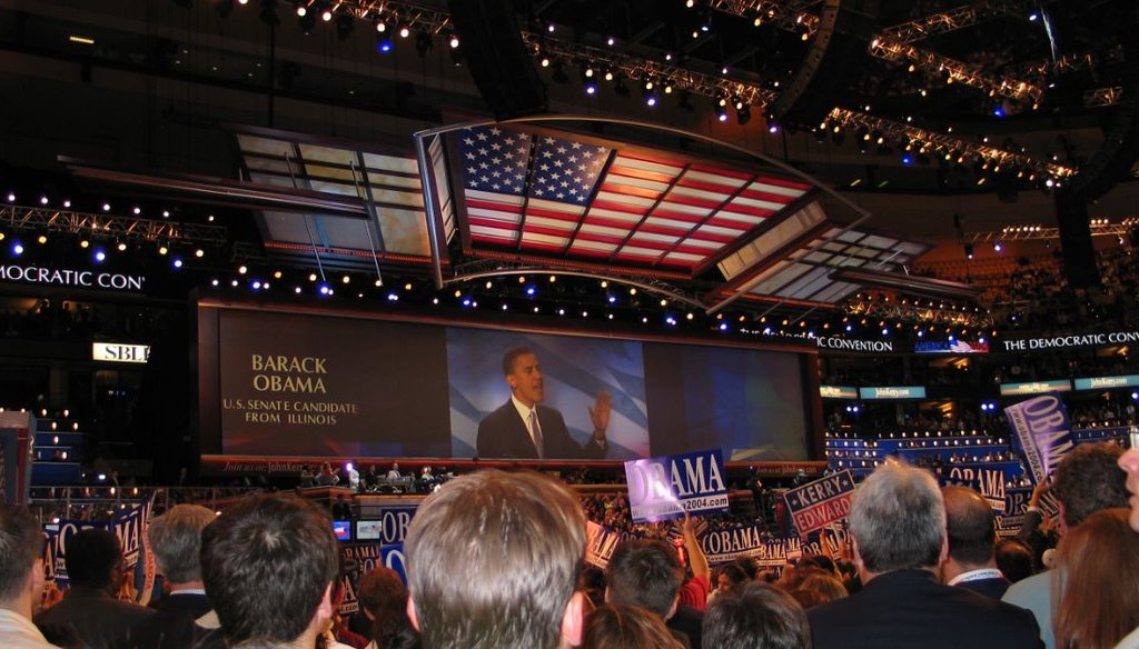Barack Obama, then a little-known Senate candidate, gave a pivotal speech at the 2004 Democratic convention in Boston. (Louis Jacobson)