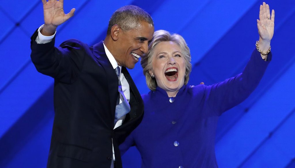 President Barack Obama and Democratic presidential candidate Hillary Clinton wave to the crowd during the third day of the Democratic National Convention in Philadelphia. (AP)