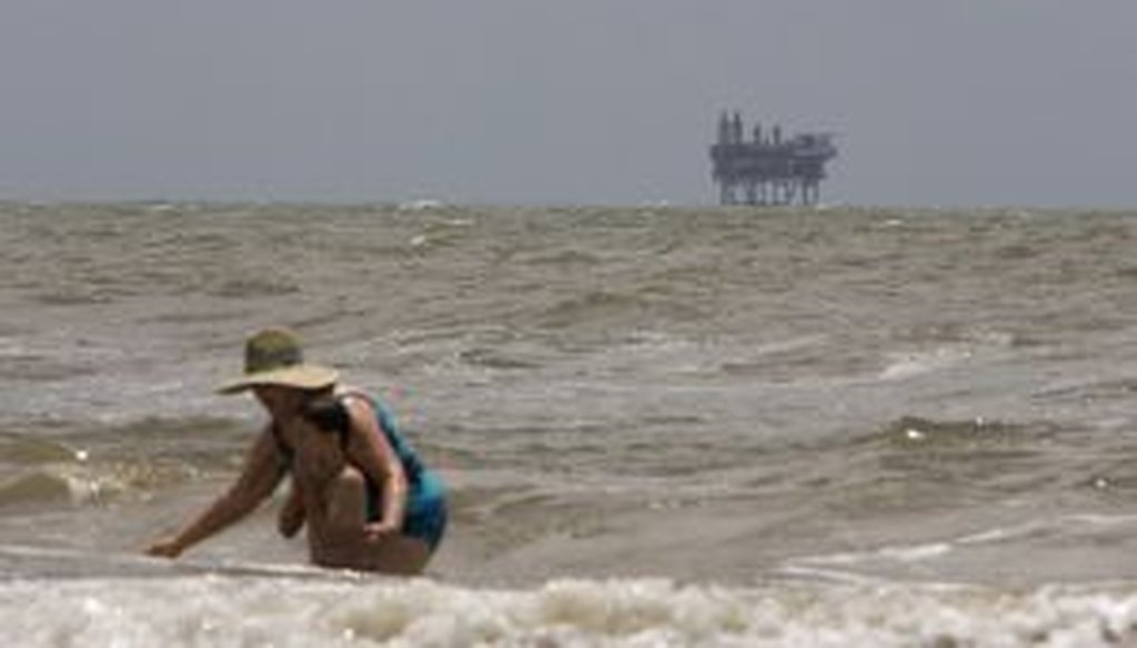 An oil rig sits off the coast of Galveston, Texas, in 2008.