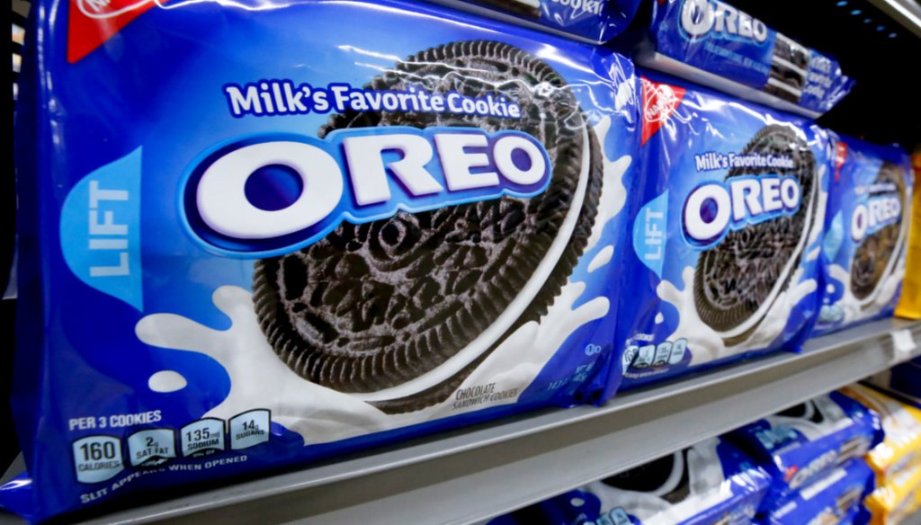 A packages of Oreo cookies sit on a market shelf, Aug. 8, 2018. Despite a claim to the contrary, no — Oreo cookies and other snacks don't contain human bones and teeth.(AP)