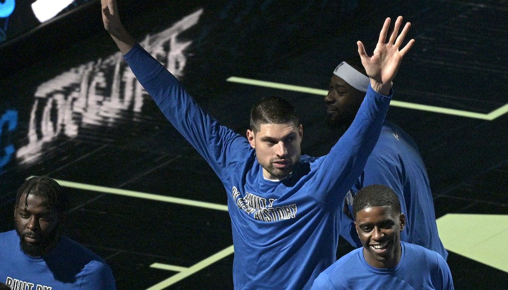 Orlando Magic center Nikola Vucevic acknowledges the crowd after it was announced, before an NBA basketball game against the Detroit Pistons on Feb. 23, 2021, in Orlando, Fla., that he was selected for the 2021 All-Star game. (AP)