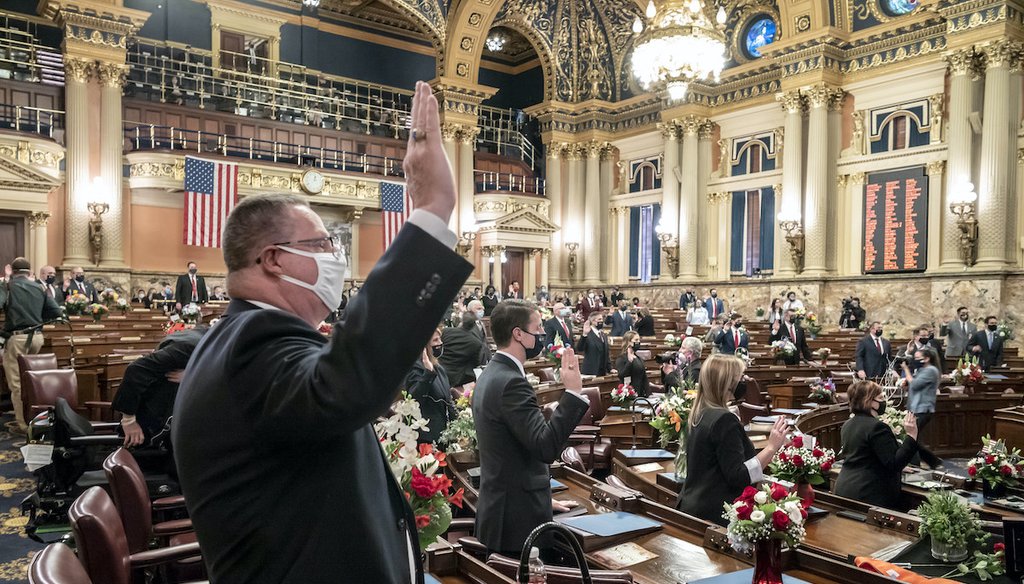 First term legislators of the Pennsylvania House of Representatives are sworn-in, Tuesday, Jan. 5, 2021, at the state Capitol in Harrisburg, Pa. (AP)