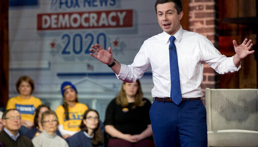 Democratic presidential candidate former South Bend, Ind., Mayor Pete Buttigieg speaks at a FOX News Channel Town Hall at the River Center, Sunday, Jan. 26, 2020, in Des Moines, Iowa. (AP)