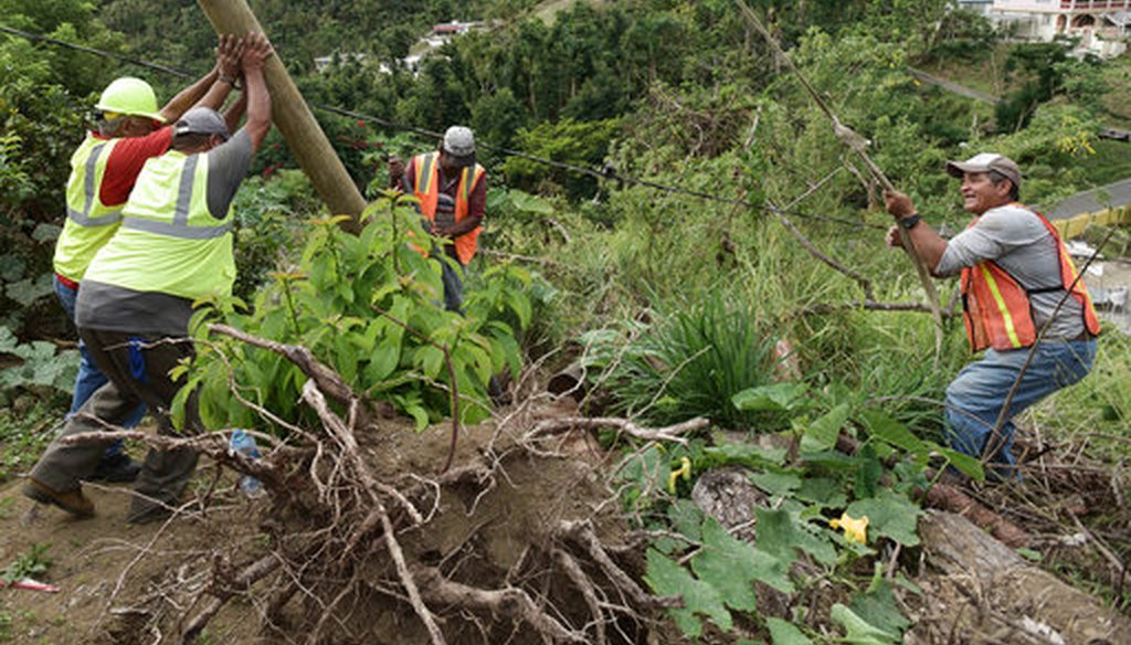 In this Jan. 31, 2018 file photo, Public Works Sub-Director Ramon Mendez, wearing a hard hat at left, works with municipal workers, as they install a new post to return electricity in El Ortiz sector of Coamo, Puerto Rico. (AP)