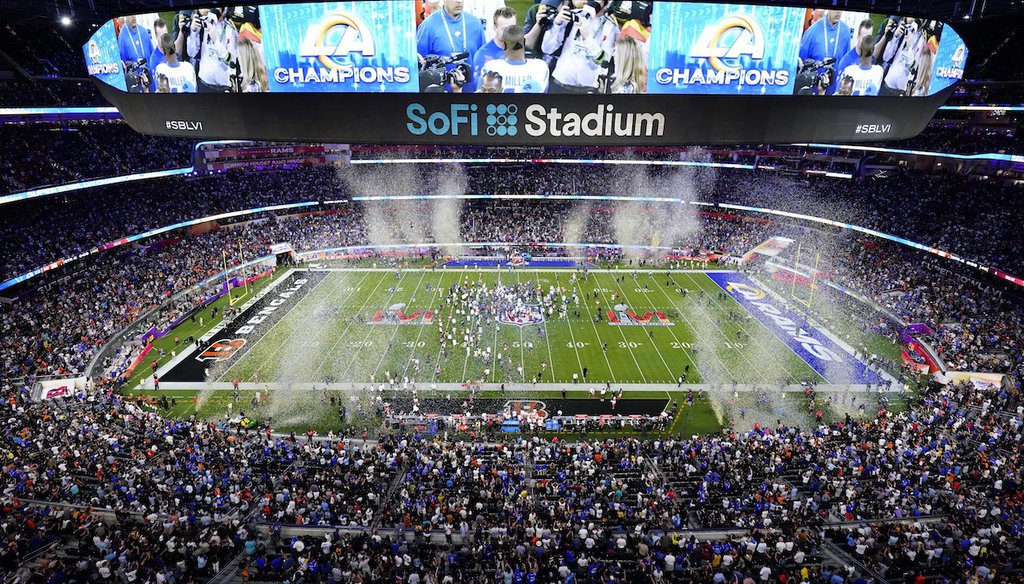Confetti drops on SoFi Stadium as the Los Angeles Rams win Super Bowl LVI over the Cincinnati Bengals, Feb. 13, 2022, in Inglewood, California. (AP)