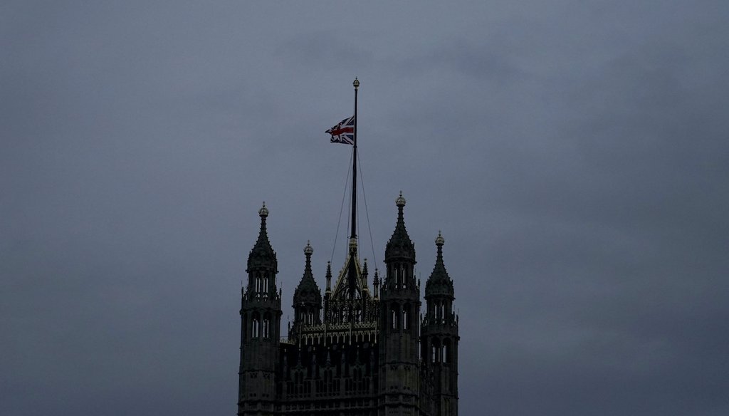 The Union flag is lowered on the Palace of Westminster in London after the death of Queen Elizabeth II, Thursday, Sept. 8, 2022. She was Britain's longest-reigning monarch, serving 70 years on the throne. She was 96. (AP)