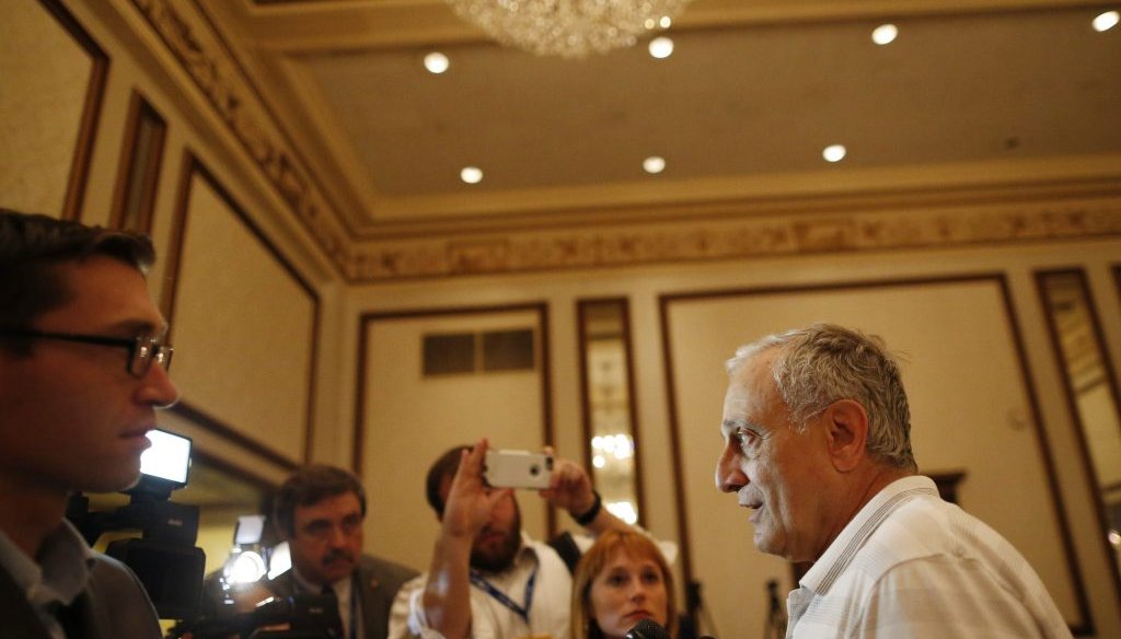 Carl Paladino talks to the media during the New York delegation breakfast at the Renaissance Hotel on July 20. (Derek Gee/Buffalo News)