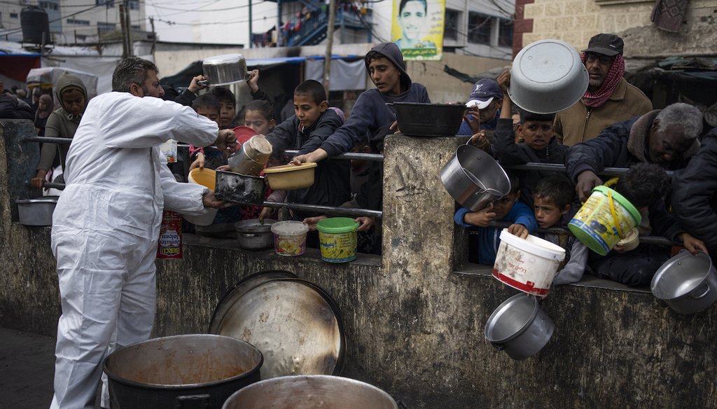 Palestinians line up for free food in Rafah, Gaza Strip, Feb. 23, 2024. (AP)