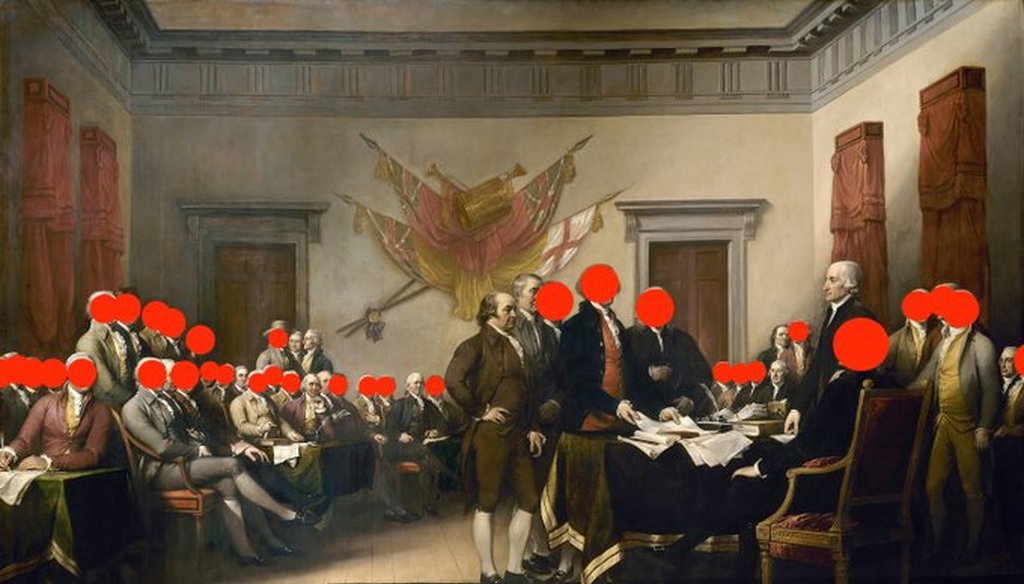 Red dots were used to indicate which of the 47 men in the "Declaration of Independence" painting were slaveholders. (Twitter)