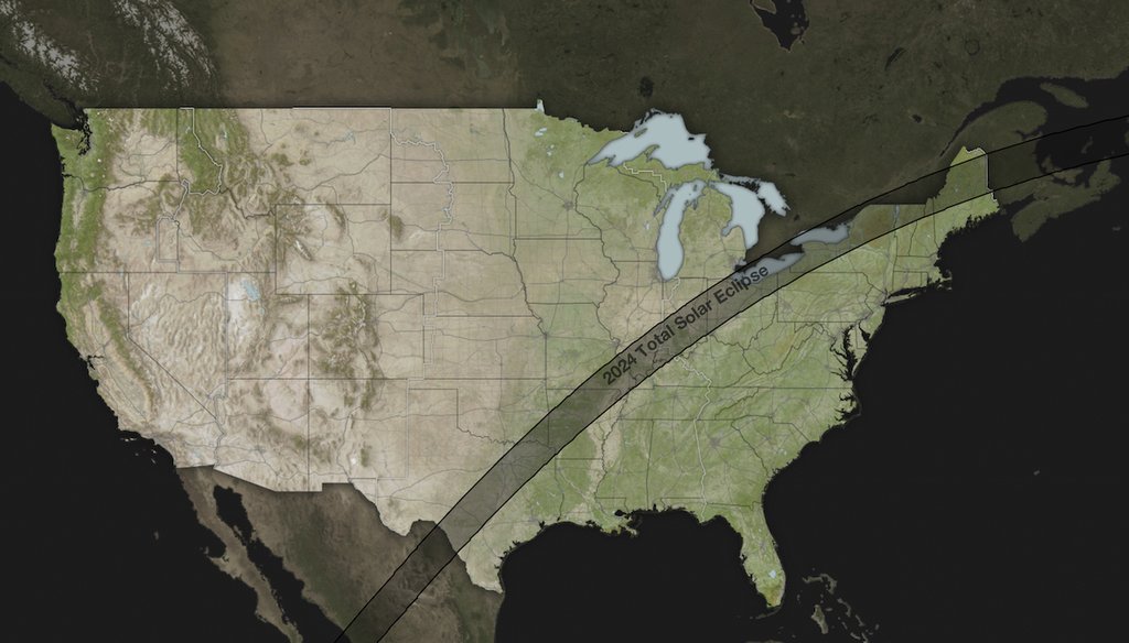 This image from the NASA Eclipse Explorer website shows the path of the April 8, 2024 total solar eclipse over North America. (NASA/AP)