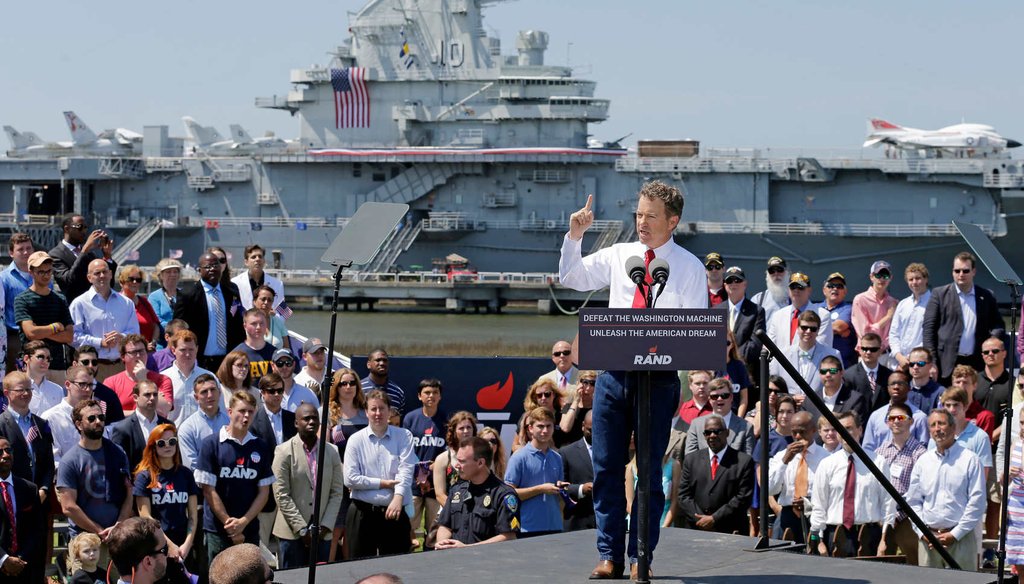 Republican Presidential candidate, Sen. Rand Paul, R-Ky., speaks at a rally at the USS Yorktown in Mount Pleasant, S.C., Thursday, April 9, 2015. (AP)