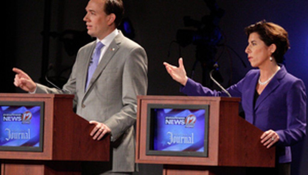 Clay Pell and Gina Raimondo during the Aug. 26, 2014, Providence Journal - WPRI-TV Democratic gubernatorial debate. Credit: The Providence Journal / Kris Craig