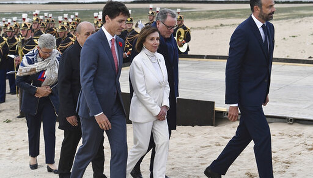 US House Speaker Nancy Pelosi, Canadian Prime Minister Justin Trudeau and French Prime Minister Edouard Philippe after D-Day ceremonies. (Fred Tanneau, Pool via AP)