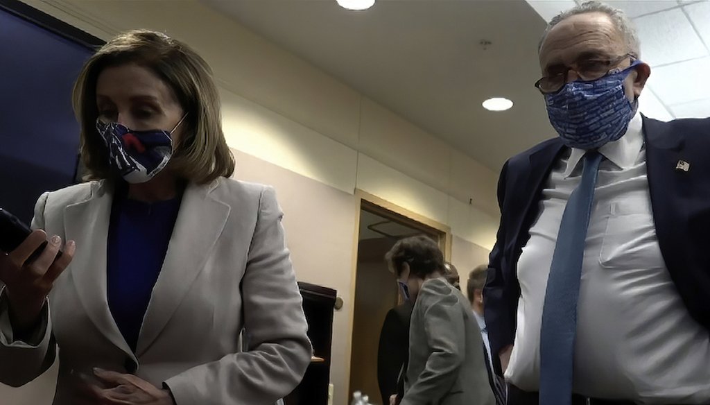 This exhibit from video released by the House Select Committee, shows then-House Speaker Nancy Pelosi talking on the phone to then-Vice President Mike Pence, with then-Senate Minority Leader Chuck Schumer on Jan. 6, 2021. (AP)