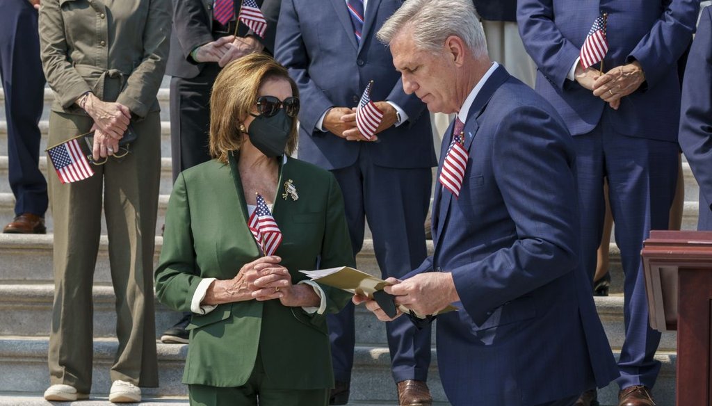 House Speaker Nancy Pelosi, D-Calif., left, stands as House Minority Leader Kevin McCarthy, R-Calif., finishes remarks during a Sept. 11 remembrance ceremony at the Capitol  on Sept. 13, 2021. (AP)