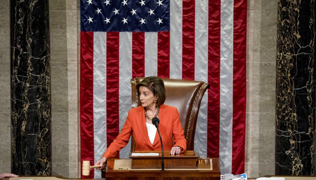 House Speaker Nancy Pelosi of Calif. gavels as the House votes 232-196 to pass resolution on impeachment procedure. (AP Photo/Andrew Harnik)