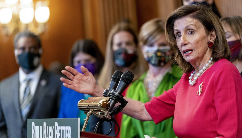 House Speaker Nancy Pelosi of Calif., accompanied by other House Democrats and climate activists, pauses while speaking about their "Build Back Better on Climate" plan on Capitol Hill in Washington, Tuesday, Sept. 28, 2021. (AP)