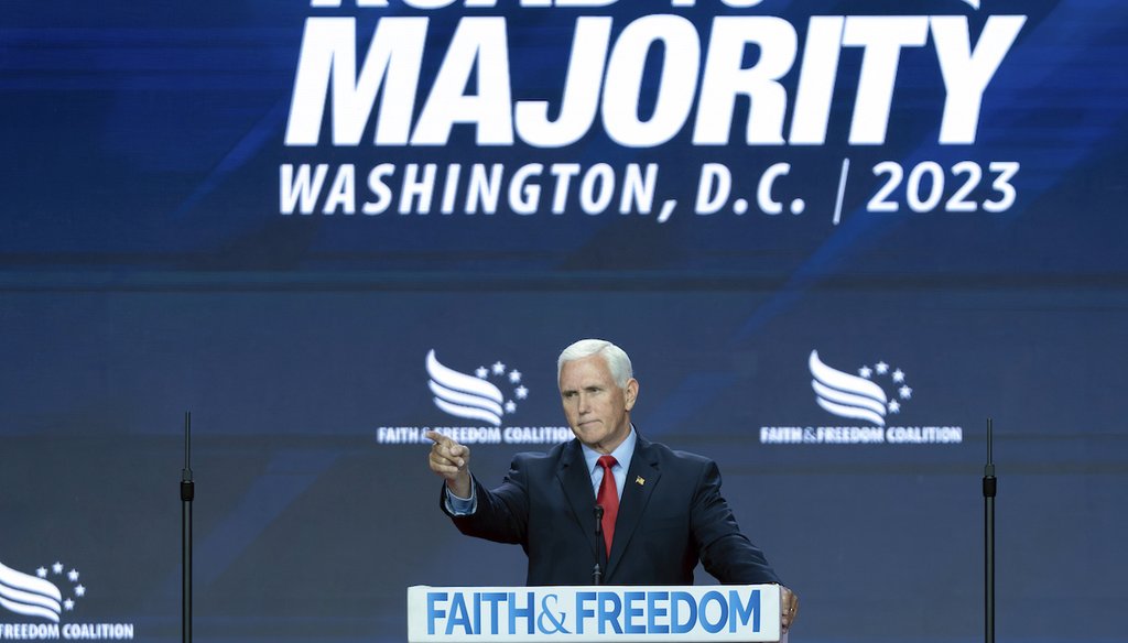 Republican presidential candidate former Vice President Mike Pence speaks during the Faith and Freedom Coalition Policy Conference in Washington on June 23, 2023 (AP)