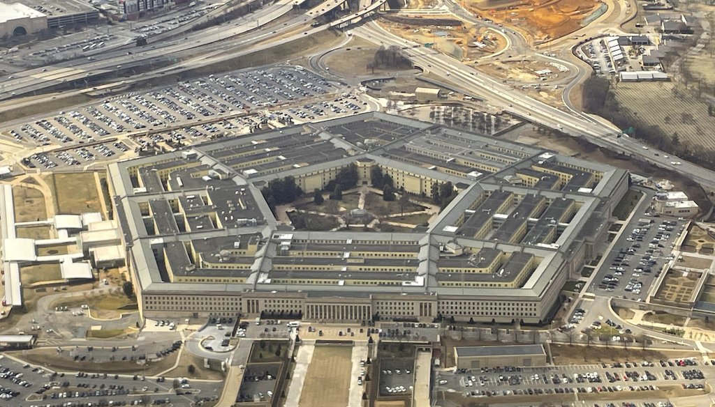 The Pentagon is seen in this aerial view through an airplane window in Washington on Thursday, Feb. 20, 2025. (AP)