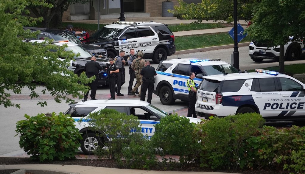 Police gather at the Villanova University campus where an active shooter was reported, Aug. 21, 2025, in Villanova, Pa. (AP)