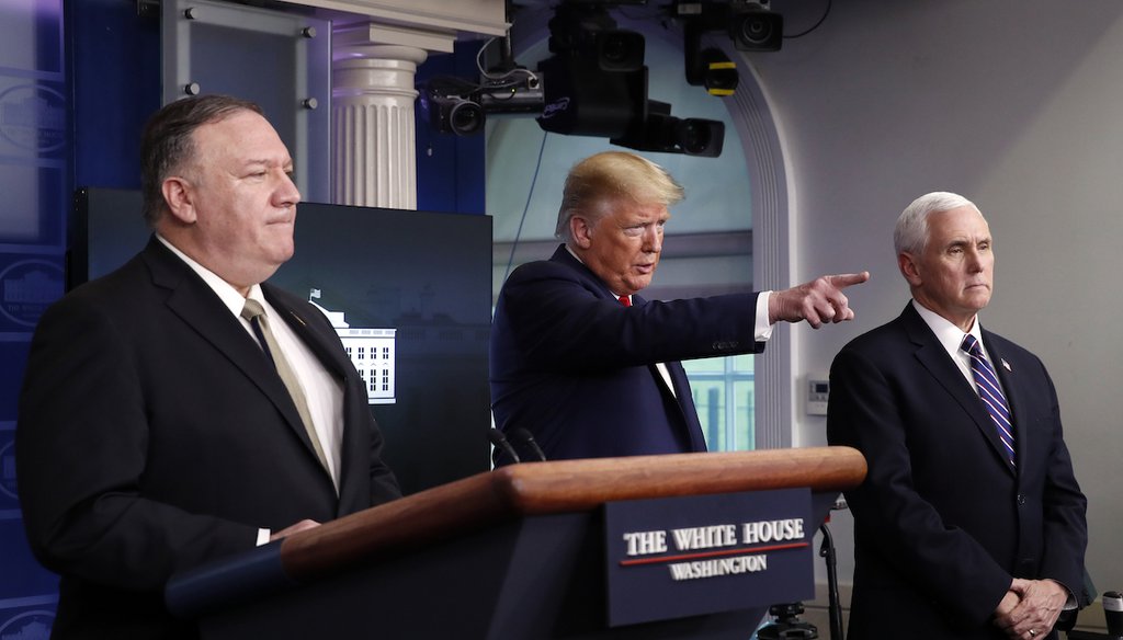 President Donald Trump speaks about the coronavirus on April 8, 2020, as Secretary of State Mike Pompeo (left) and Vice President Mike Pence listen. All three are potential 2024 candidates for president and have run ads promoting themselves. (AP)