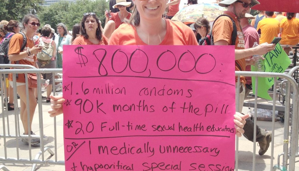 Sarah Ponder of Austin told us how she reached her estimates for the sign she carried at the July 1, 2013, rally against abortion restrictions at the state Capitol. (Sue Owen photo/Austin American-Statesman)